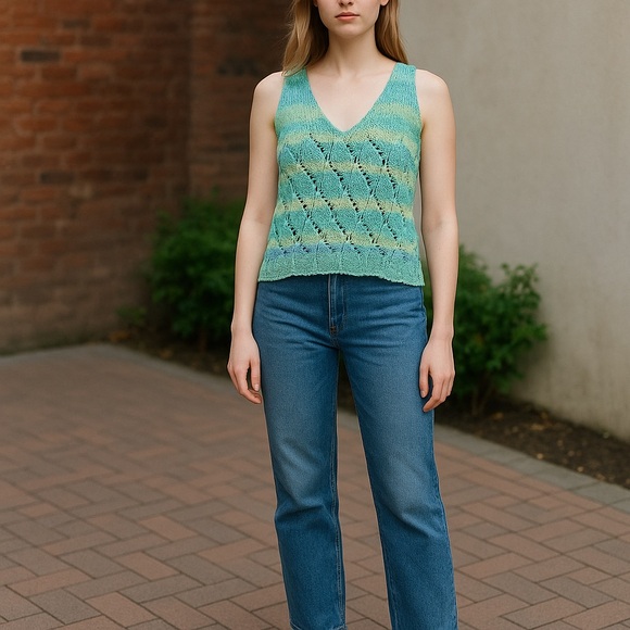 Blue knitted blouse size large handmade - Picture 5 of 7
